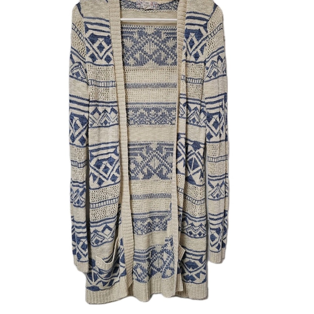 Pink Republic Ivory & Blue Aztec Open Front Tunic Length Cardigan Sweater Sz L